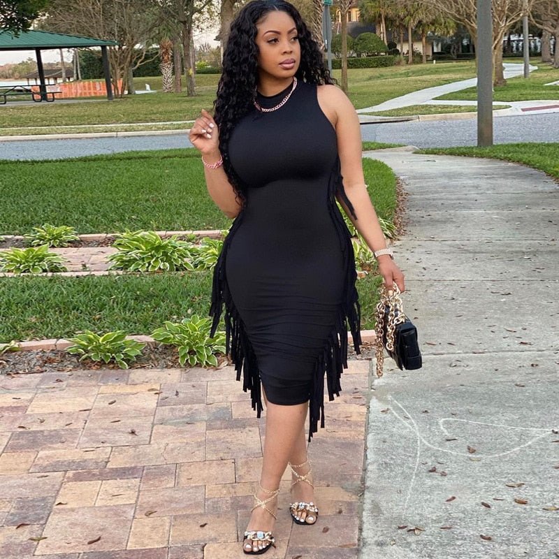 Nude Fringed Pencil Dress