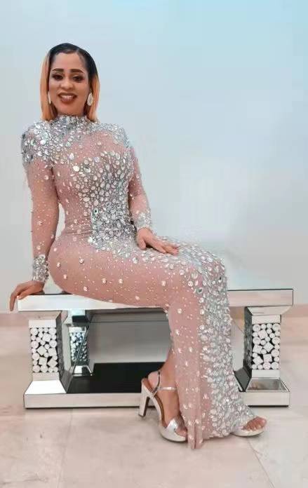 Long Rhinestones Nude Transparent long Dress