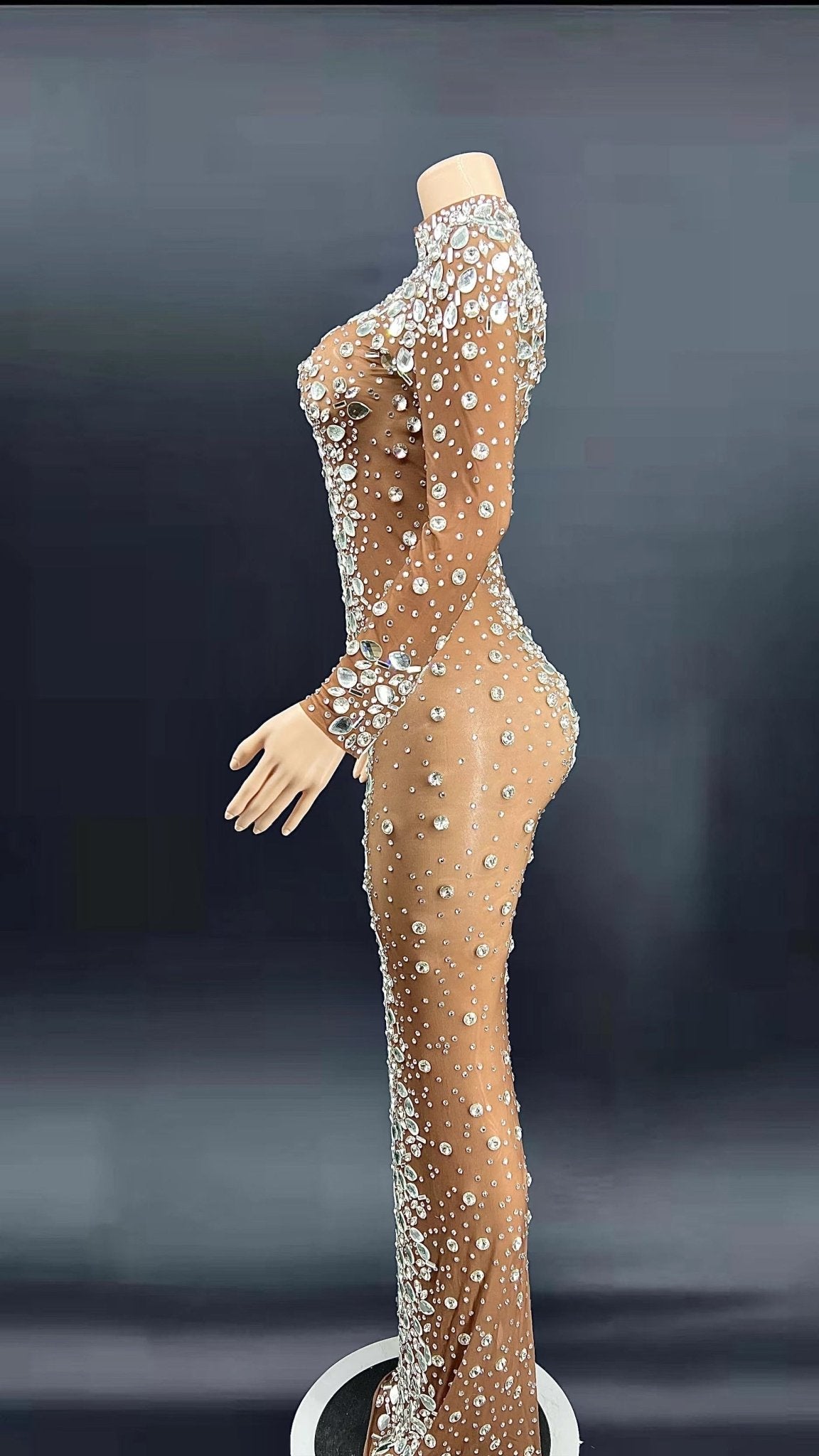 Long Rhinestones Nude Transparent long Dress