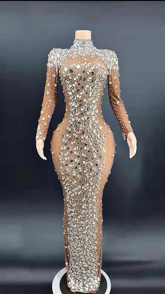 Long Rhinestones Nude Transparent long Dress